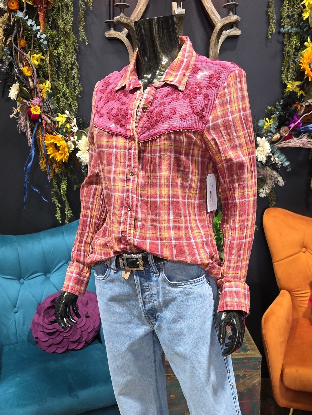 Free People Plaid Button-Down Shirt with Embroidered Yoke
